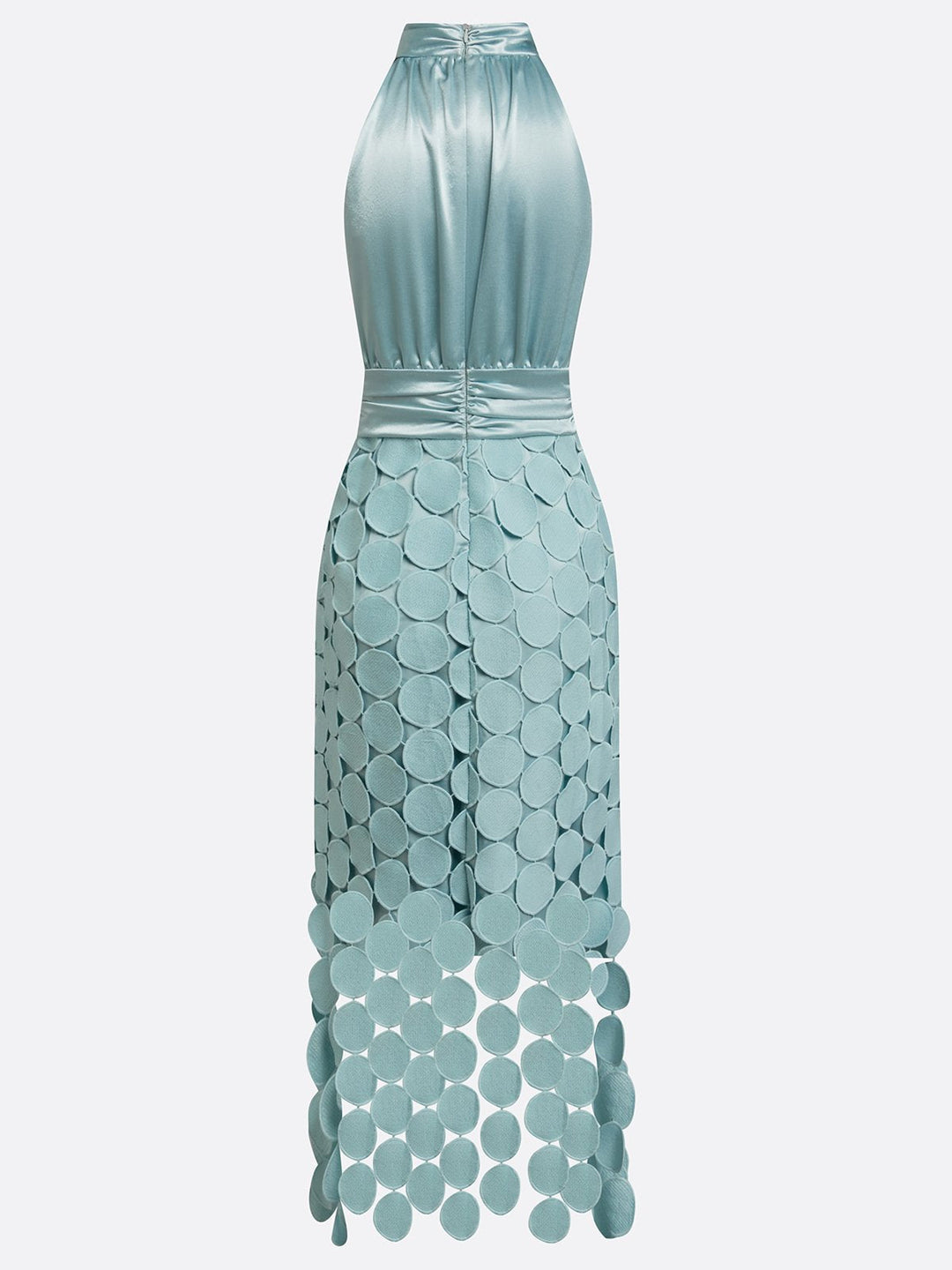 Model wearing the sophisticated halter neck midi dress in a bright setting.