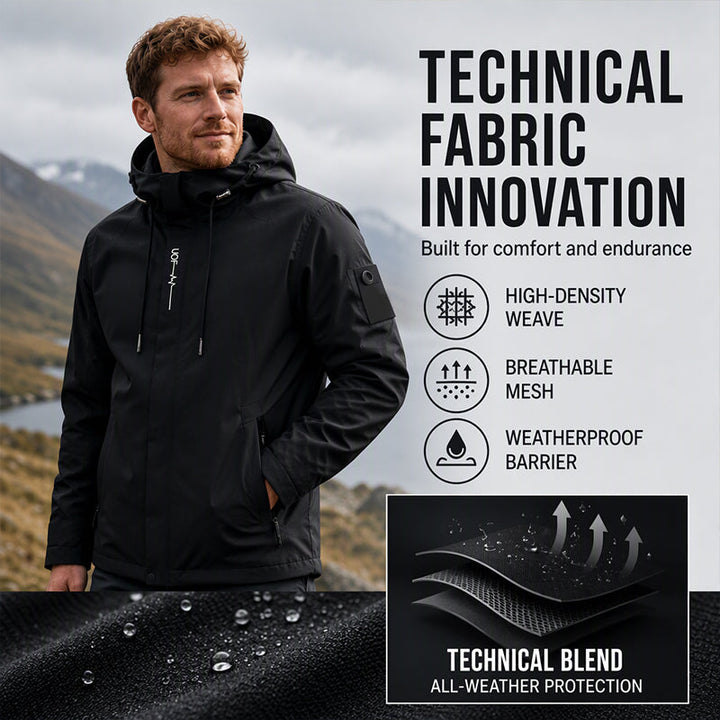 Side profile of mens windproof hooded outdoor coat
