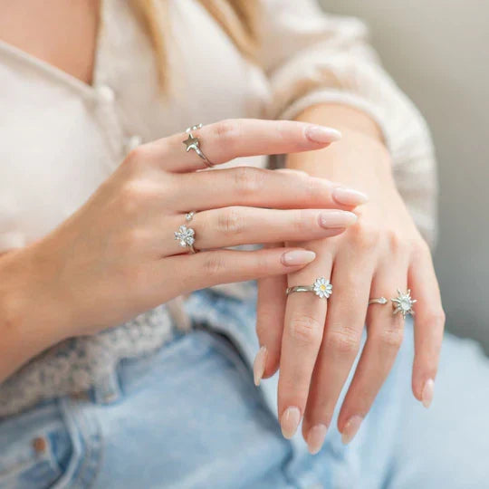 Minimalist stacking ring with stress-relieving spinning mechanism