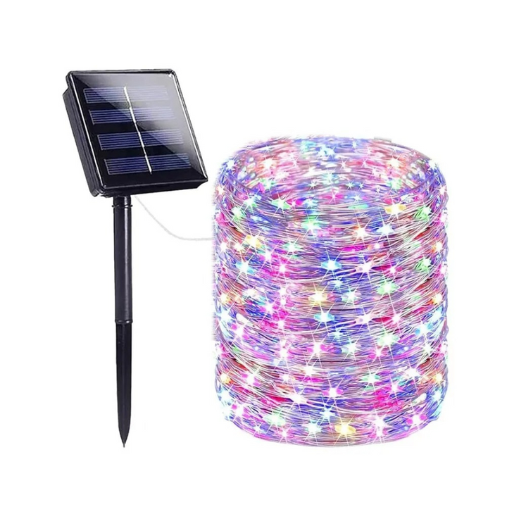 Multicolour LED string lights coiled next to a black solar charging panel