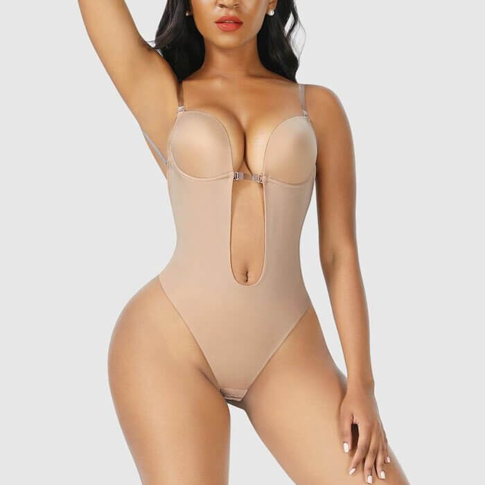 Flat lay of women backless bodysuit shapewear in neutral tone