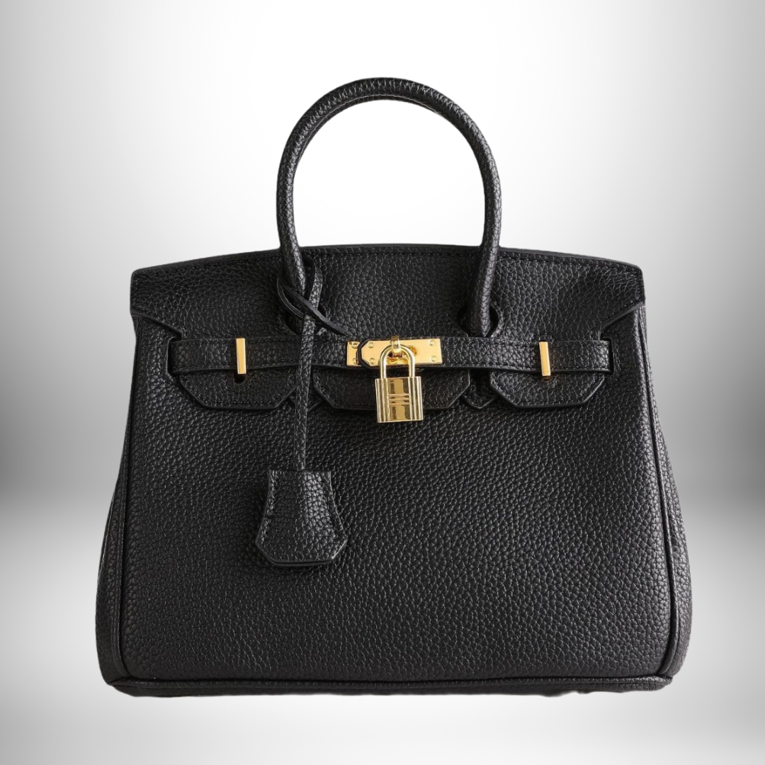 Black Madelyn luxurious handbag with gold lock on neutral background