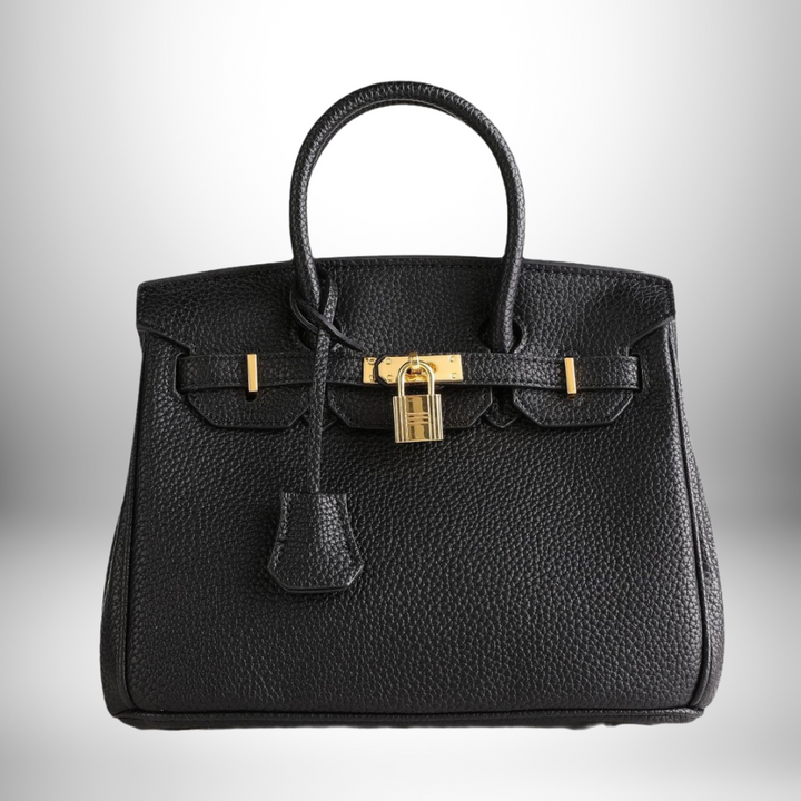 Black Madelyn luxurious handbag with gold lock on neutral background