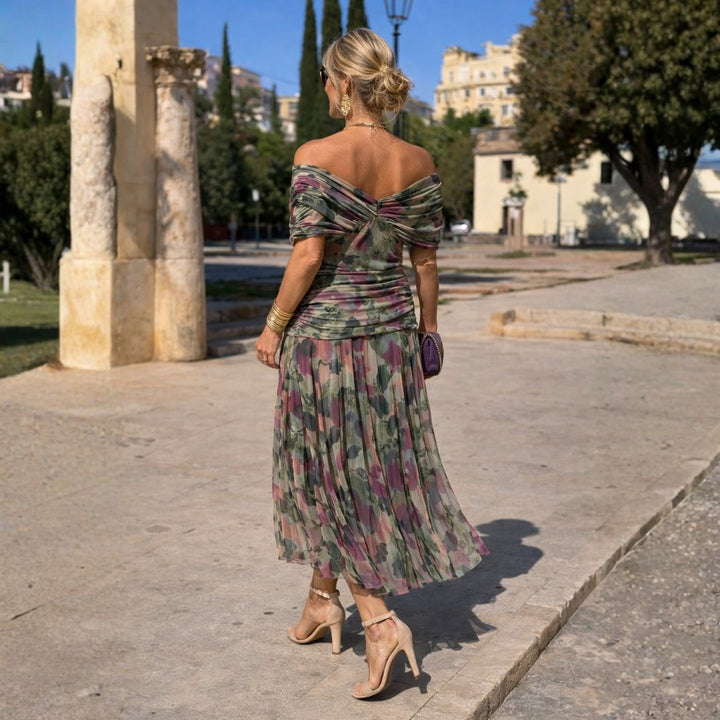 Elegant party dress showcasing off shoulder design