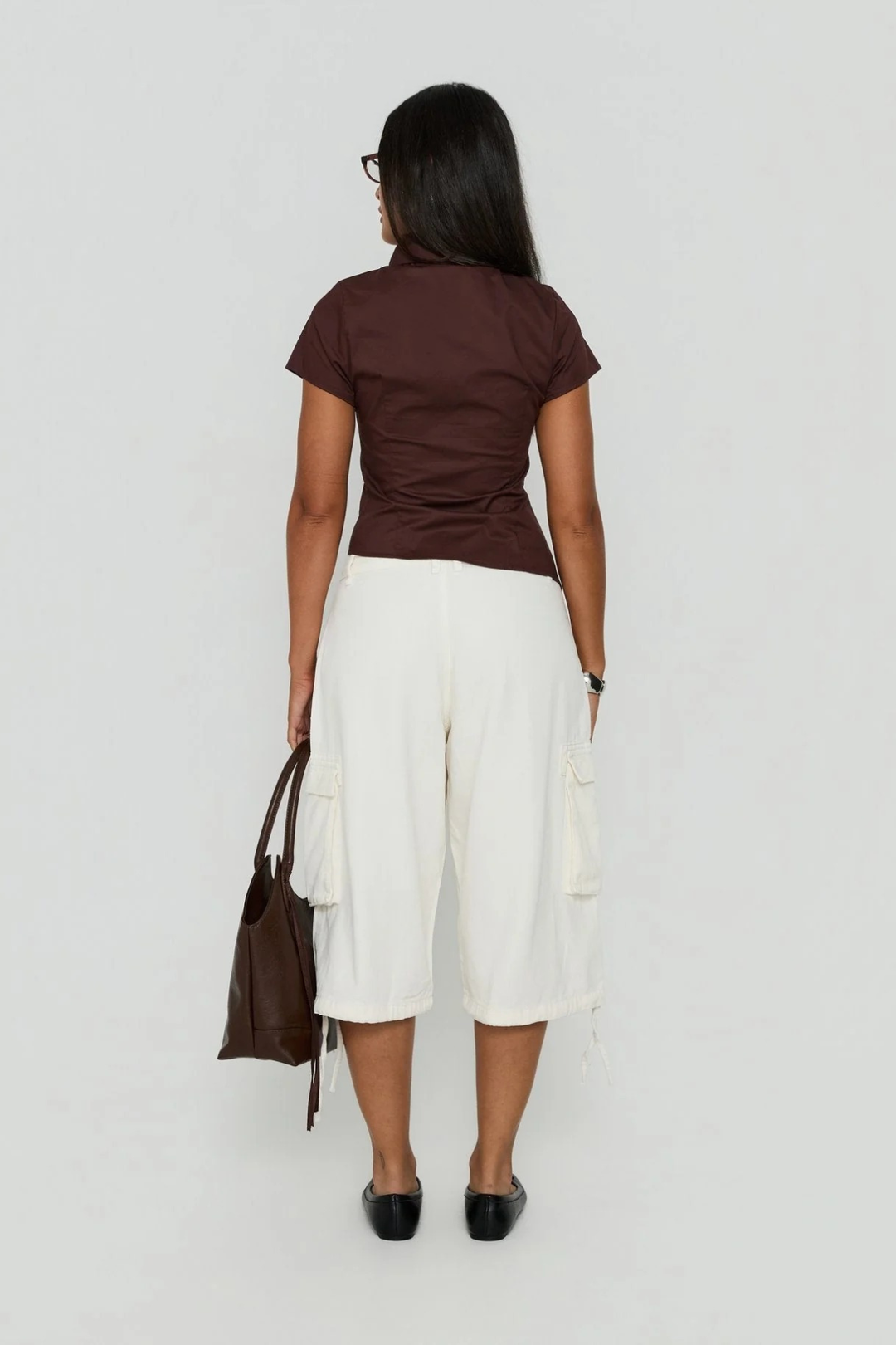 Back yoke and pocket stitching on women's casual shorts