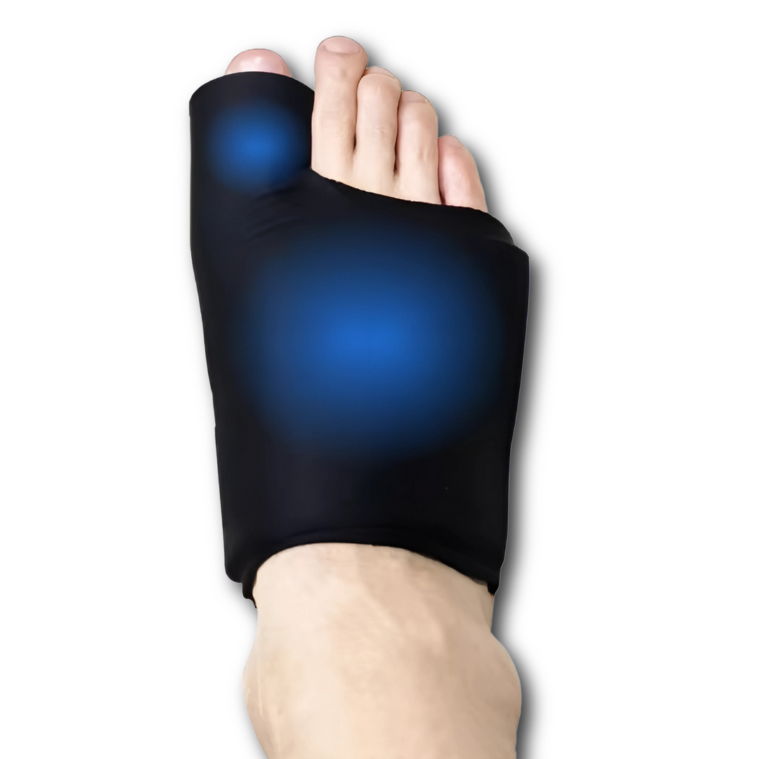 Hot and cold therapy foot wrap showing secure strap for versatile pain relief