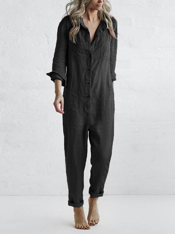 Full view of women's relaxed long sleeve jumpsuit in casual style