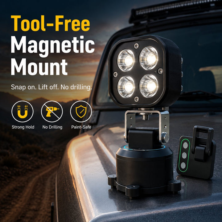 Close-up of the portable magnetic LED pod light featuring tool-free magnetic mounting