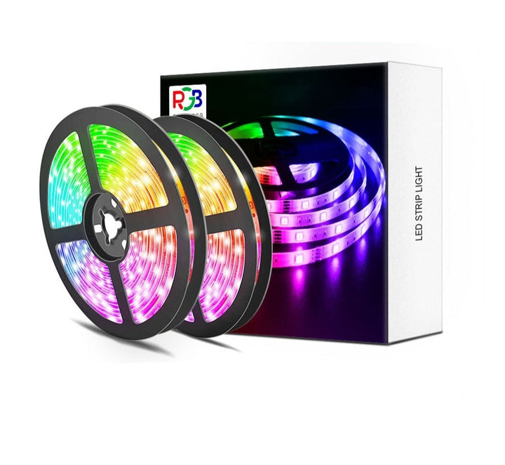 Two reels of 10M RGB LED strip lights next to their retail product box