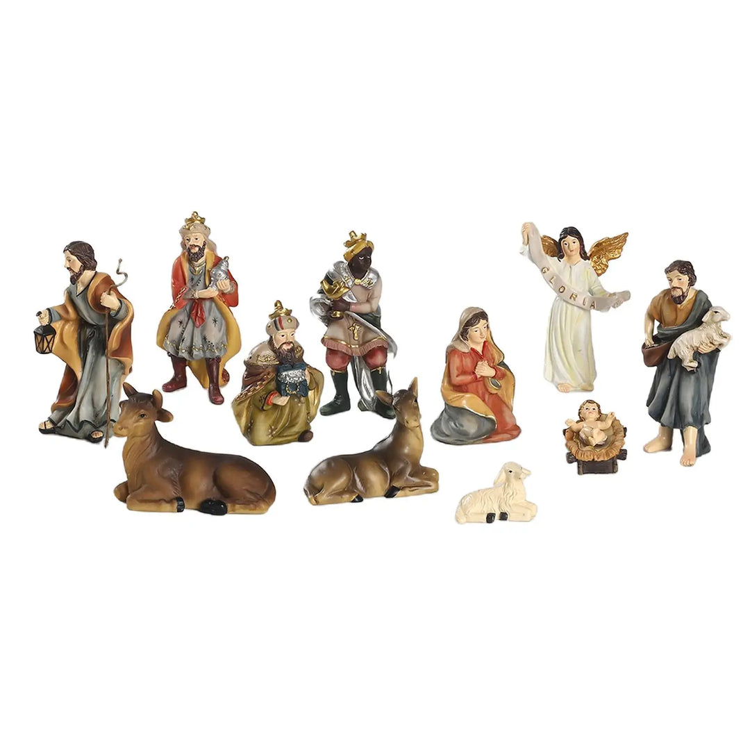 Complete 11-piece resin nativity set with colourful Christmas manger figurines