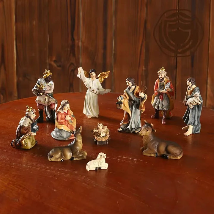 Nativity figurines displayed on a wooden surface for holiday home decor