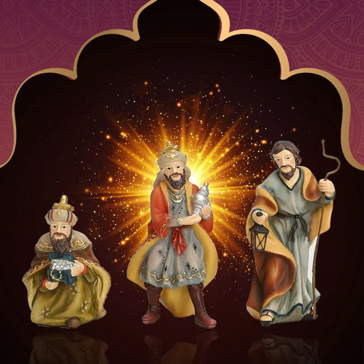 Resin nativity set baby Jesus in manger closeup holiday figurines