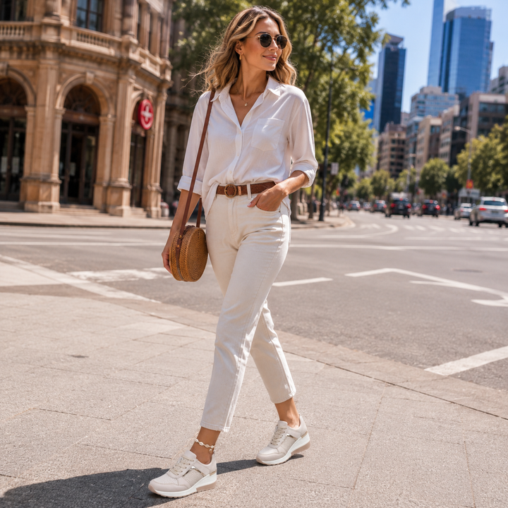 Woman walking outdoors in the city wearing beige orthopedic comfort sneakers and white shirt