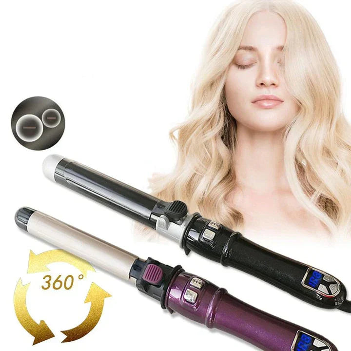 Purple and black cordless hair curlers styled next to blonde hair model