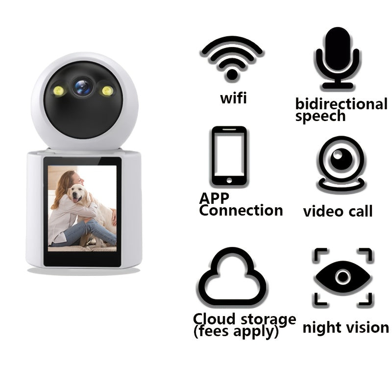 Product feature infographic showing Wi-Fi, two-way speech, app connection, video call, and night vision capabilities.