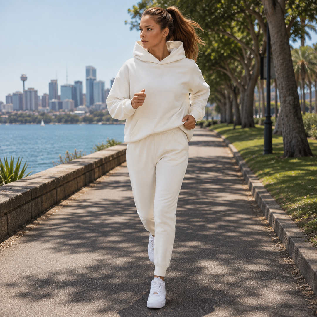 Model jogging outdoors along a scenic waterfront path in a white tracksuit