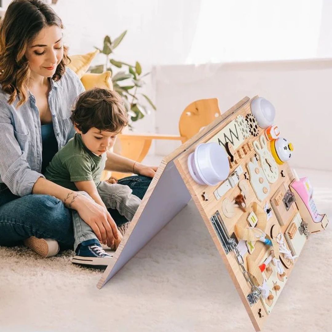 Wooden sensory busy board for toddlers with colorful activities and locks