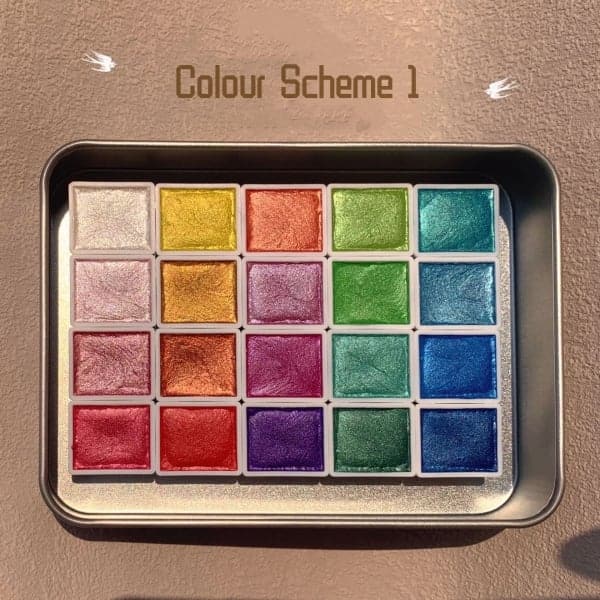 Assorted vibrant shades in a watercolour set ideal for artistic painting projects