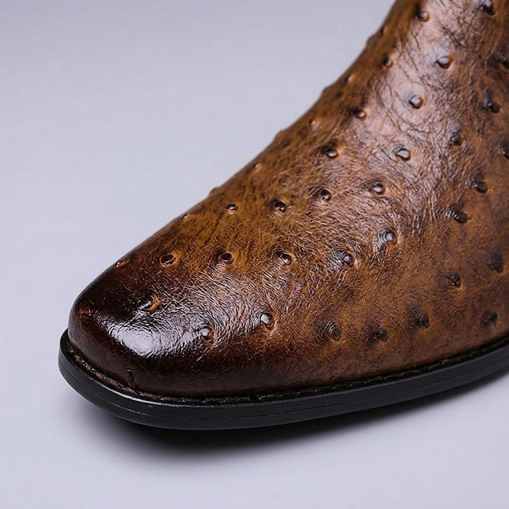 Side angle view of handcrafted men's leather boots showing stitch details