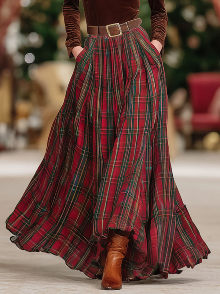 Full view of women's long sleeve v-neck lace top and red plaid midi skirt set