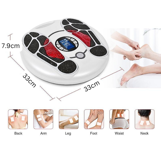 Ergonomic electric foot circulation stimulator shown from angle