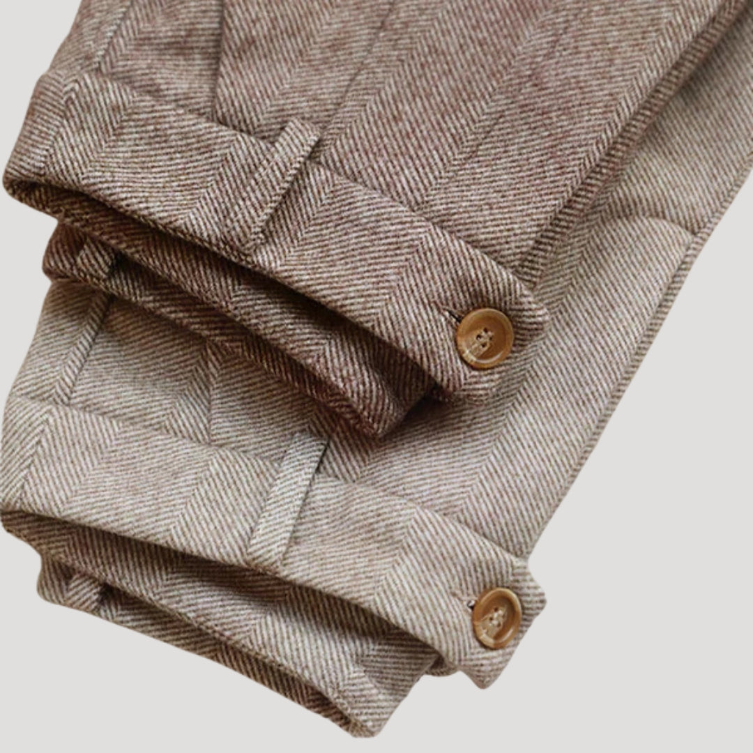 Side profile of Lucas men's tailored trousers showing modern ankle length cut