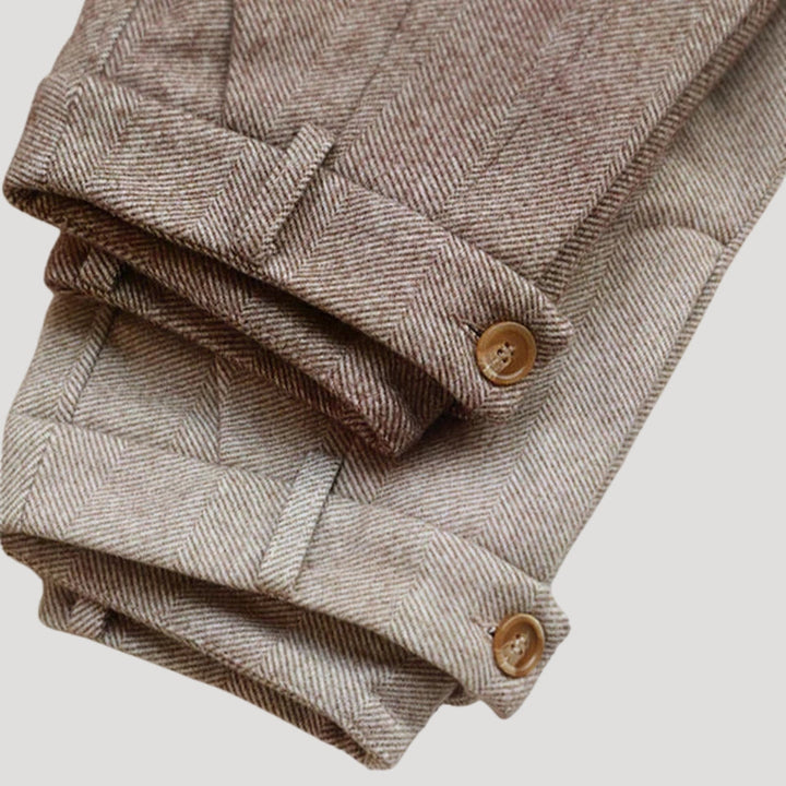 Side profile of Lucas men's tailored trousers showing modern ankle length cut