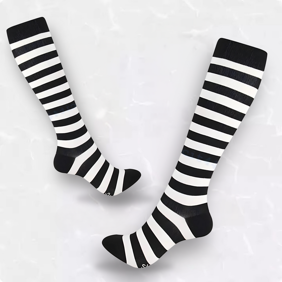 Comfortable travel compression socks showcasing vibrant stripes