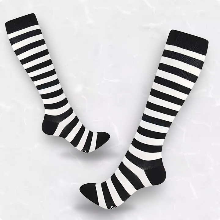 Comfortable travel compression socks showcasing vibrant stripes