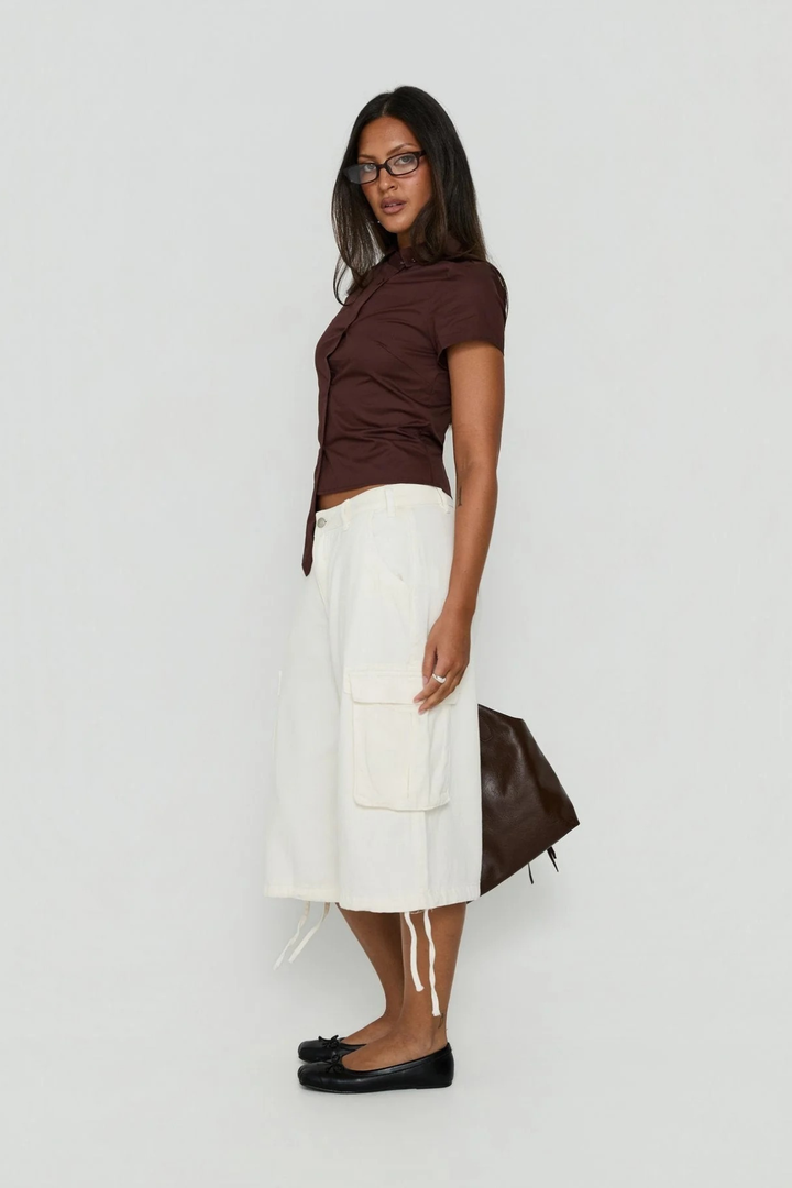 Overall fit demonstration of women's wide leg cargo shorts
