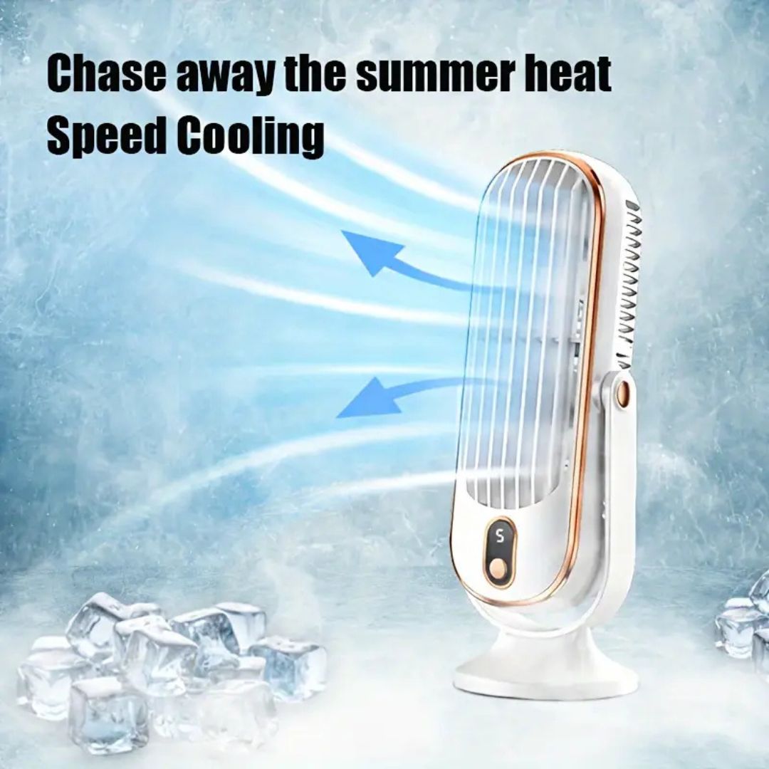 White Coolux USB desk fan with ice cubes and cooling air graphics