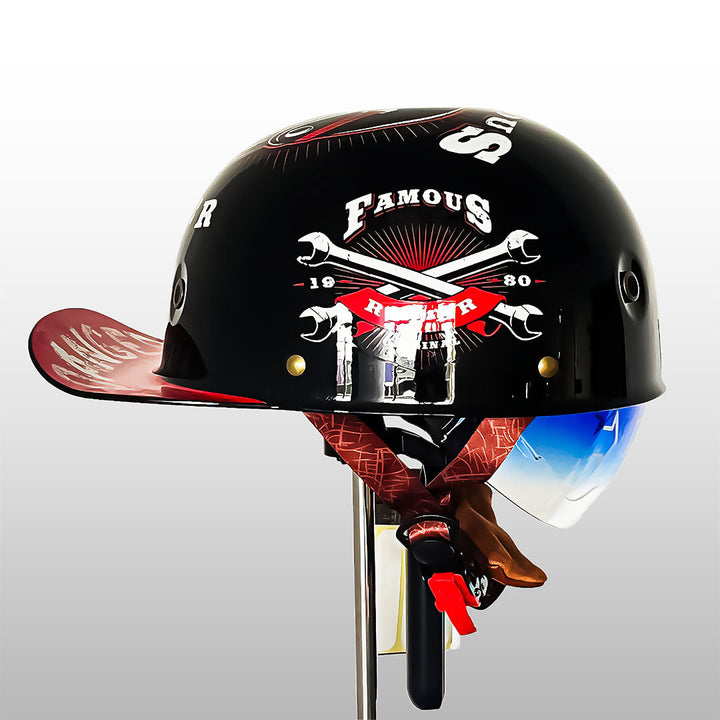 Side profile of Black-Flywheel baseball riding helmet with blue tinted visor