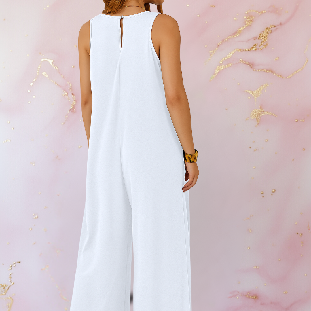 Womens sleeveless v-neck jumpsuit with wide leg design for casual wear