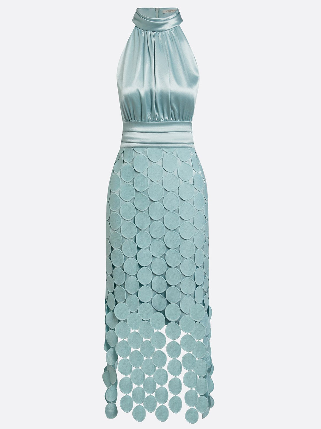 Dynamic shot of the flowing midi skirt on the formal wear dress.