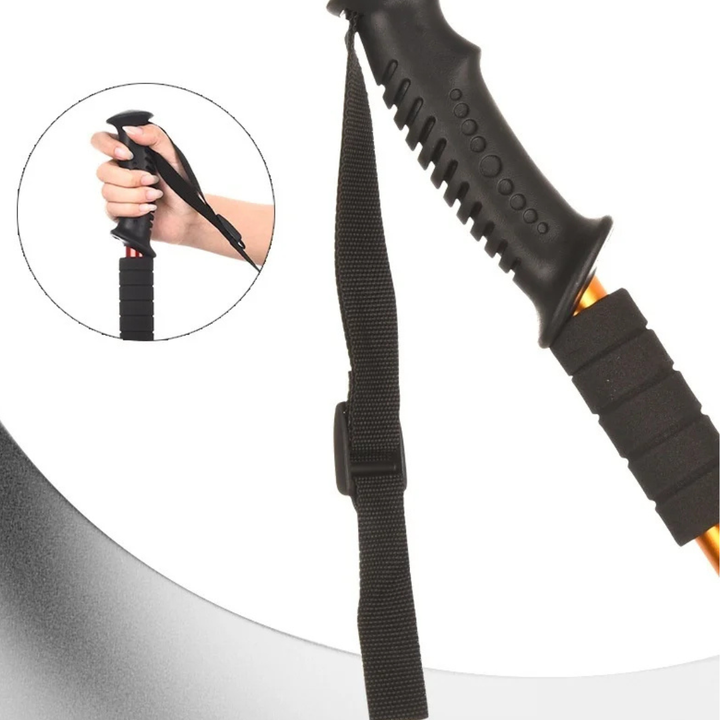 Detailed view of the quick-lock mechanism on the collapsible trekking pole