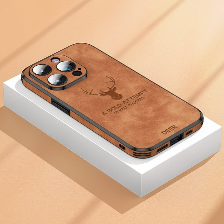 Angled view of premium textured iPhone case showing camera cutout