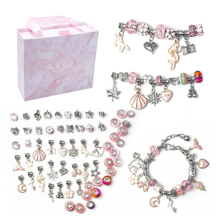 Kids creative gift set showing finished handmade beaded friendship bracelets