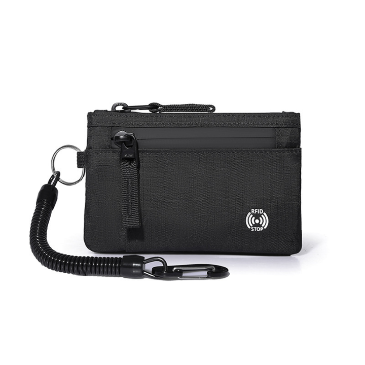 Compact zippered wallet displayed with cards inside
