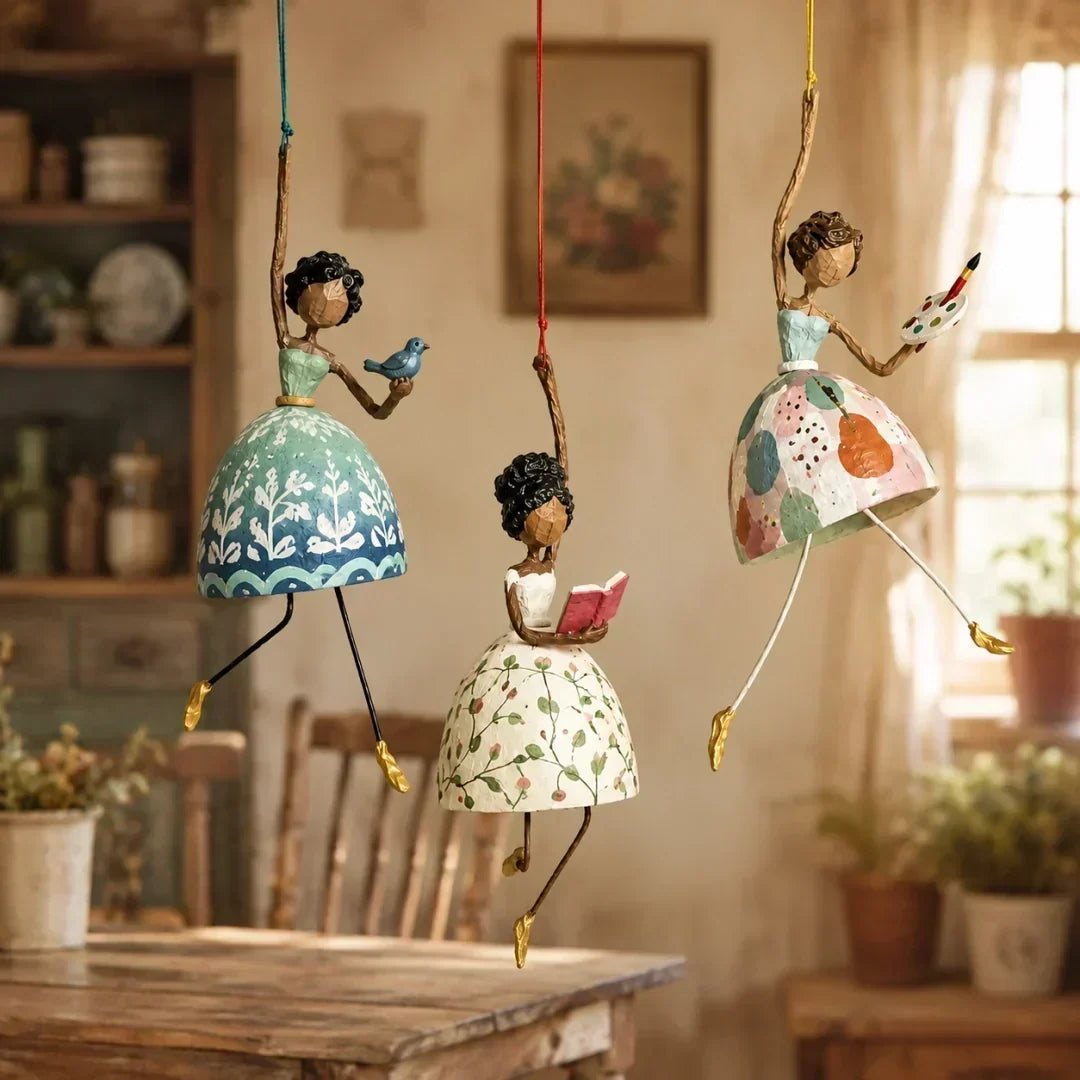 Artistic dancing lady hanging ornament swaying in outdoor sunlight