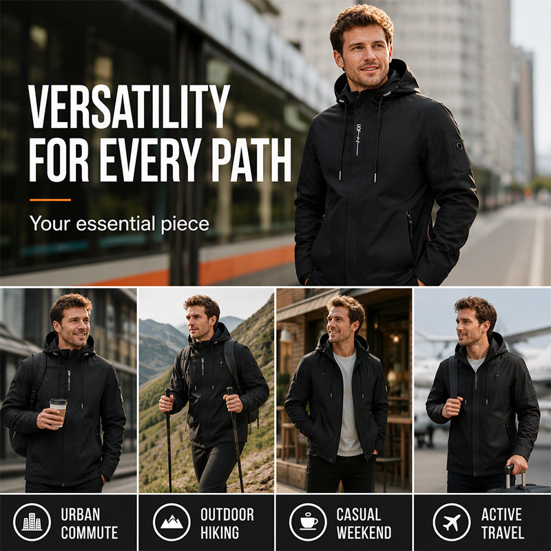Back view of mens outerwear jacket with adjustable hood