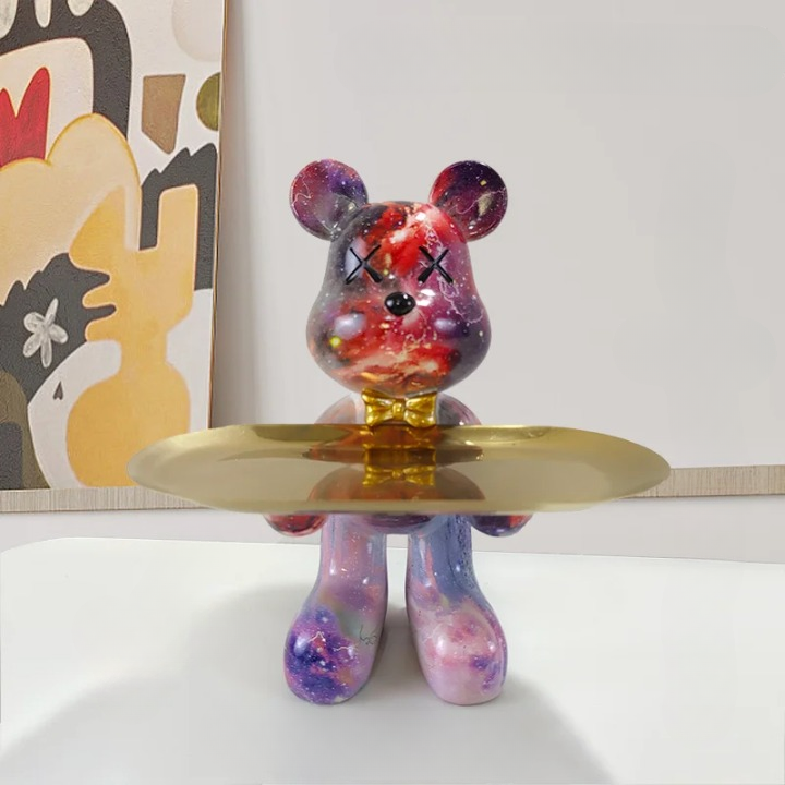 Resin bear sculpture with storage tray for entryway organization