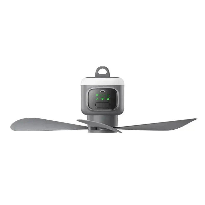 Grey portable ceiling and camping fan main unit with hanging hook