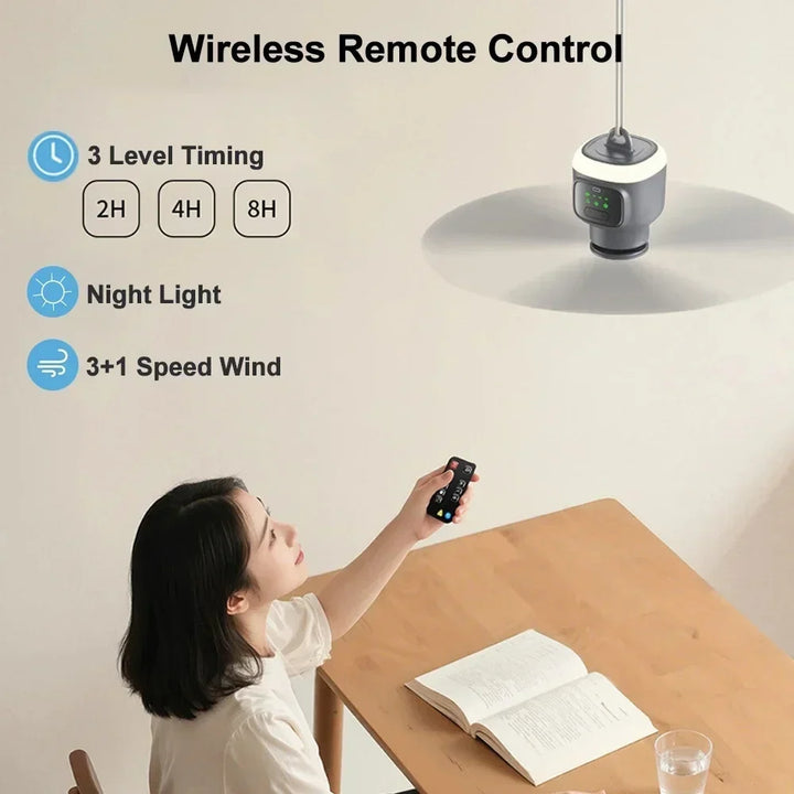 Portable ceiling fan and camping fan with built-in LED light hanging inside a tent