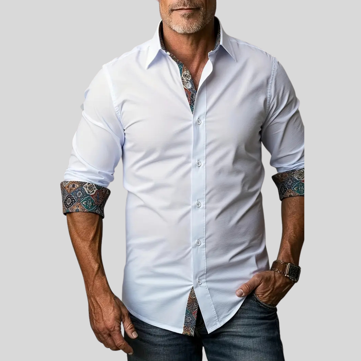 Mens tailored button-up shirt in classic white with contrast trim collar and cuffs