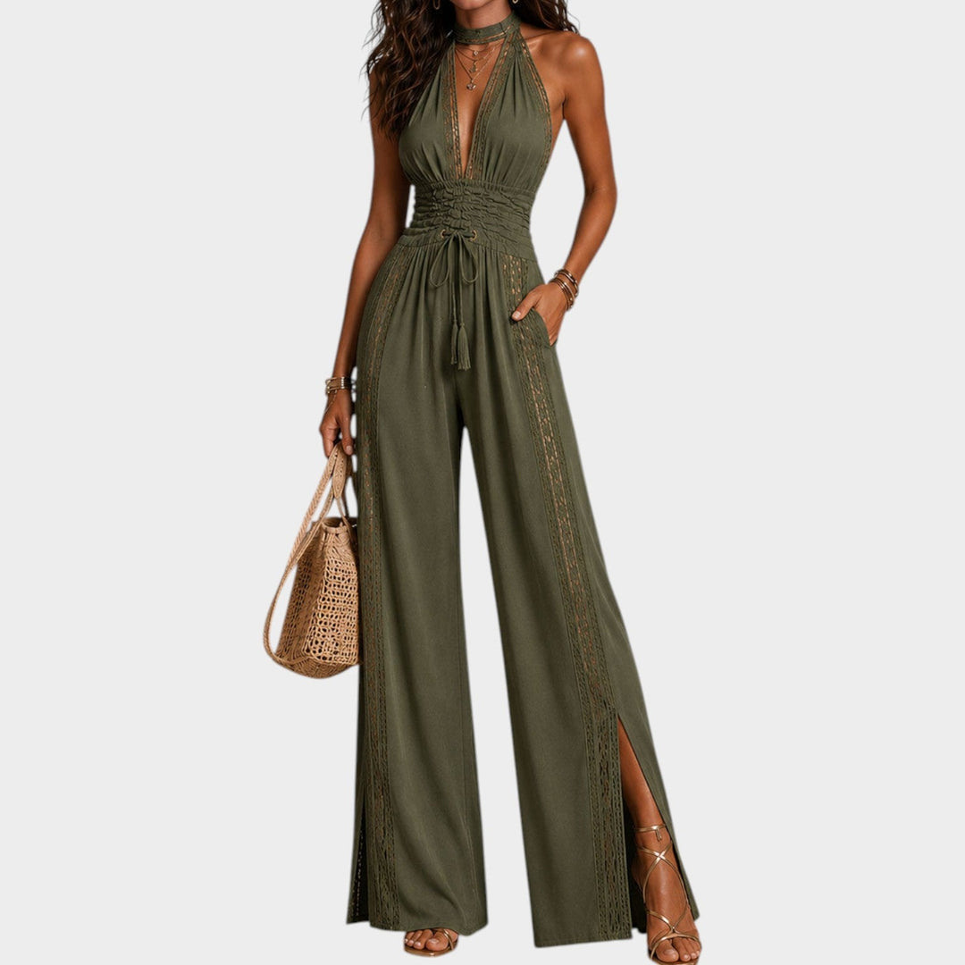Womens boho wide-leg jumpsuit with ruched waist in full length view