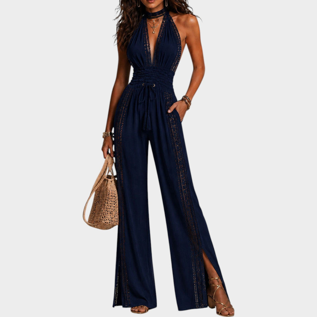 Summer outfit womens wide leg jumpsuit showing back silhouette design