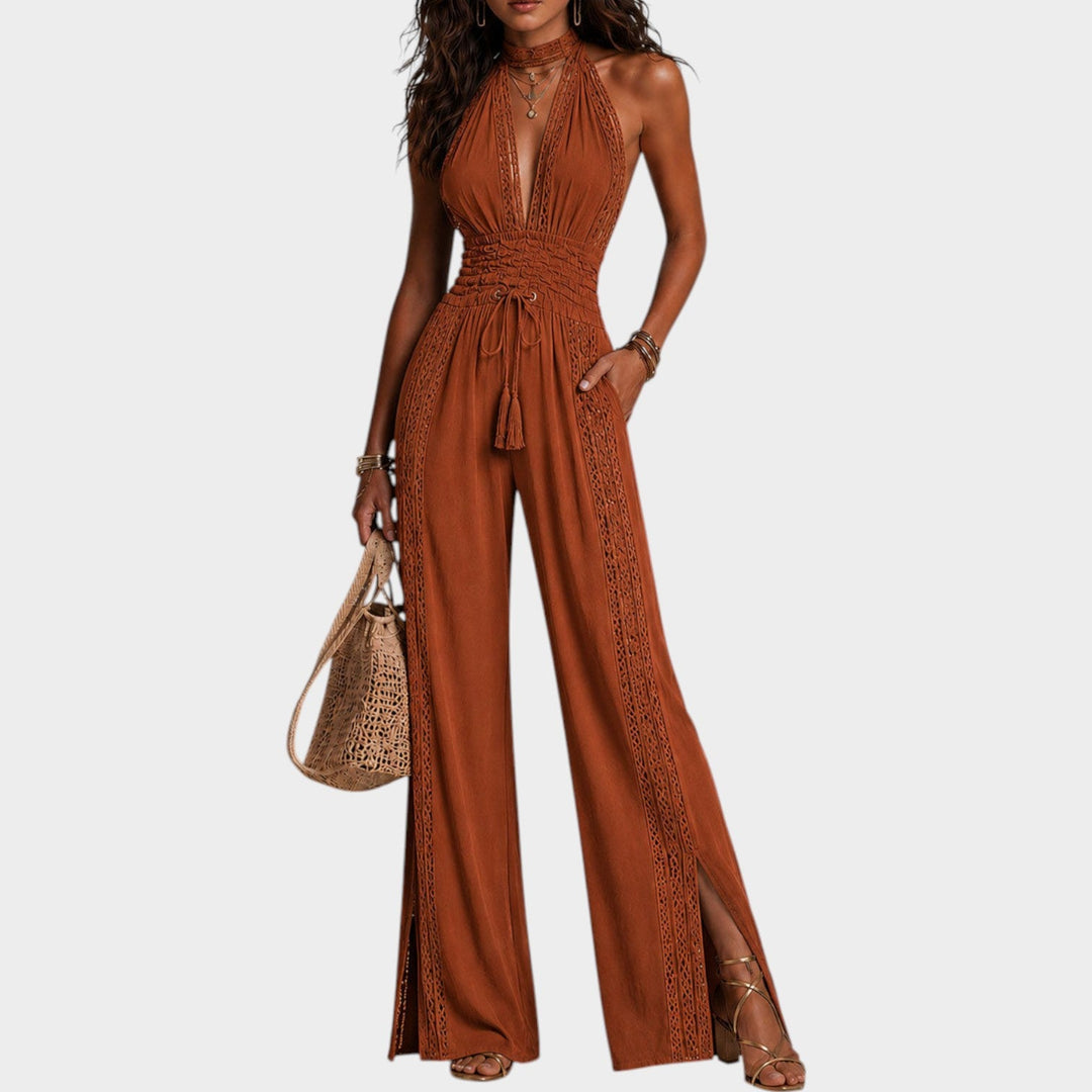 Close-up of ruched waist detail on womens boho summer jumpsuit
