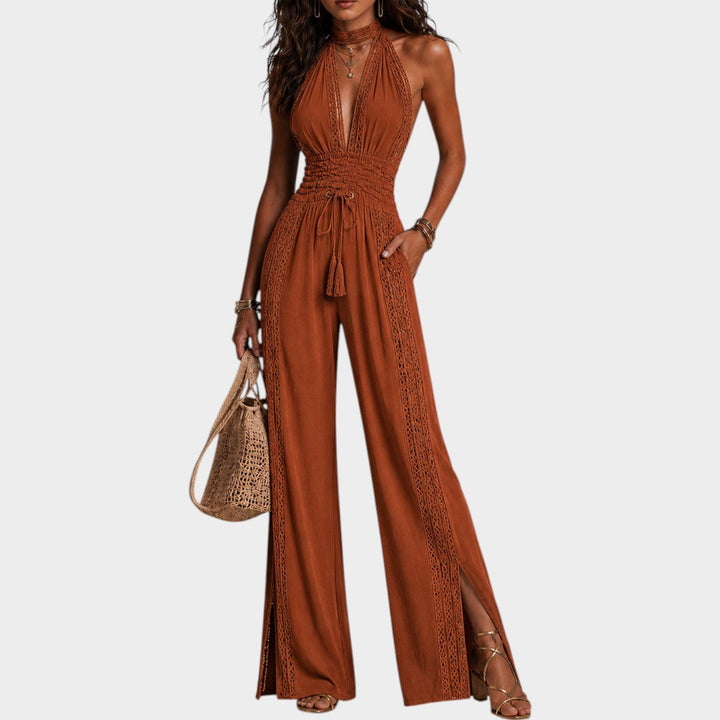Close-up of ruched waist detail on womens boho summer jumpsuit