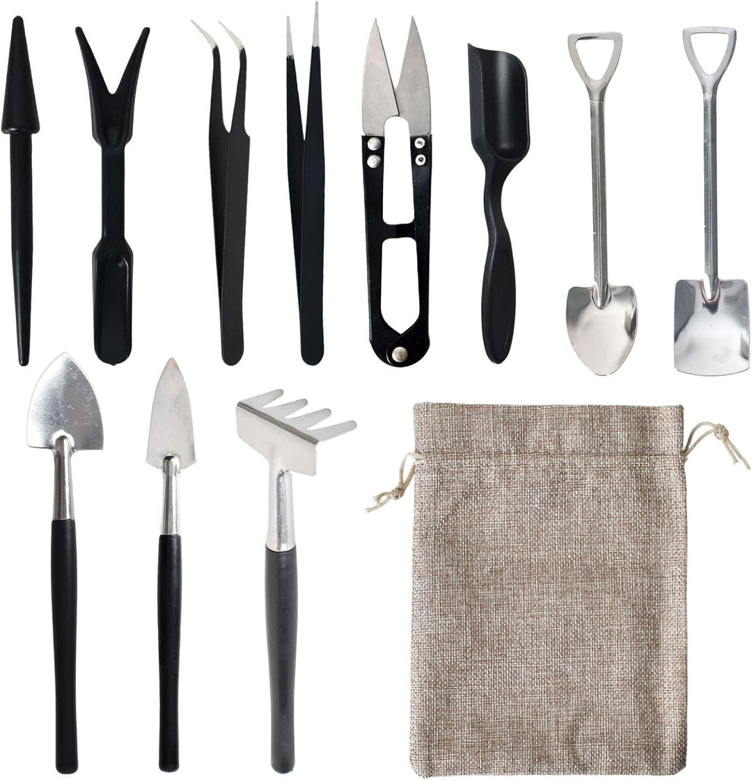 Complete 12-in-1 succulent gardening tool set laid out flat including shovels, tweezers, scissors, and a storage bag