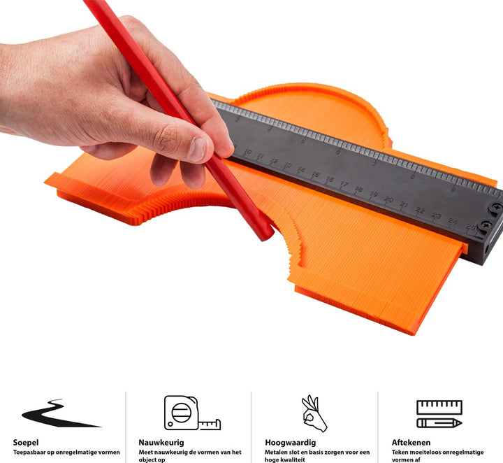 Person using contour gauge duplicator to trace a curved shape with a red pencil